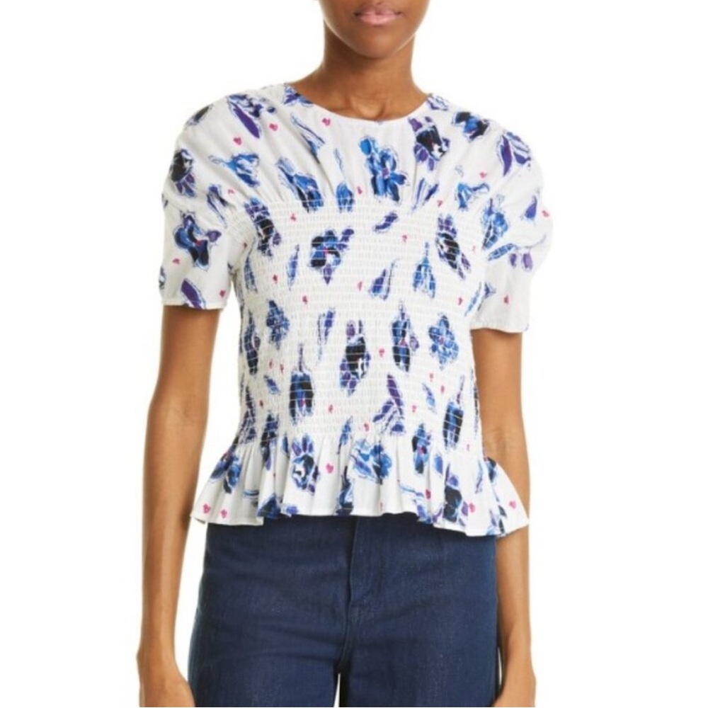 BAUM UND PFERDGARTEN Floral Smocked Peplum Top - Blue and White